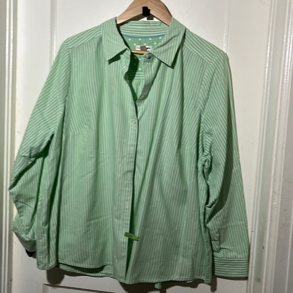 Croft & Barrow Green & White Stripe Button Front Collared Shirt. 2X